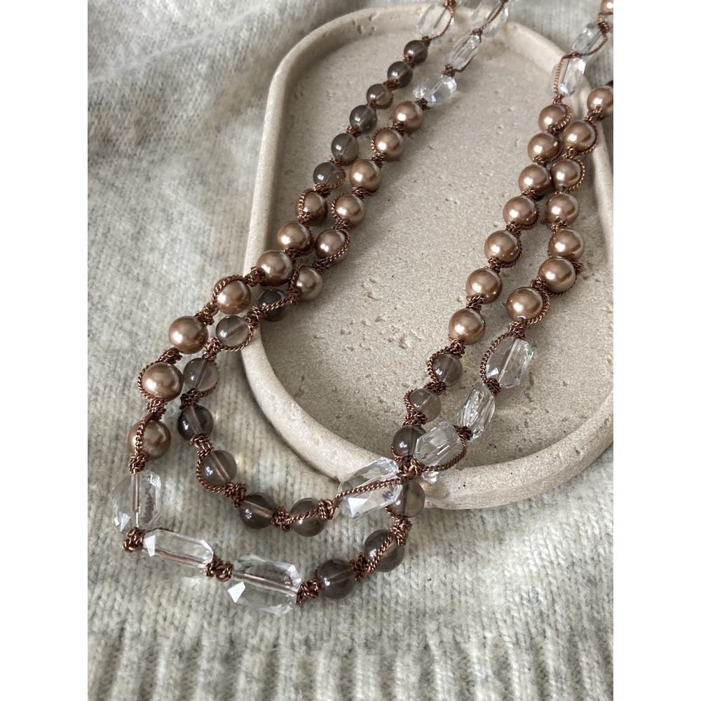 Talbots Copper Tone Multi Strand Beaded Necklace Faux Pearl Clear Gray Romantic